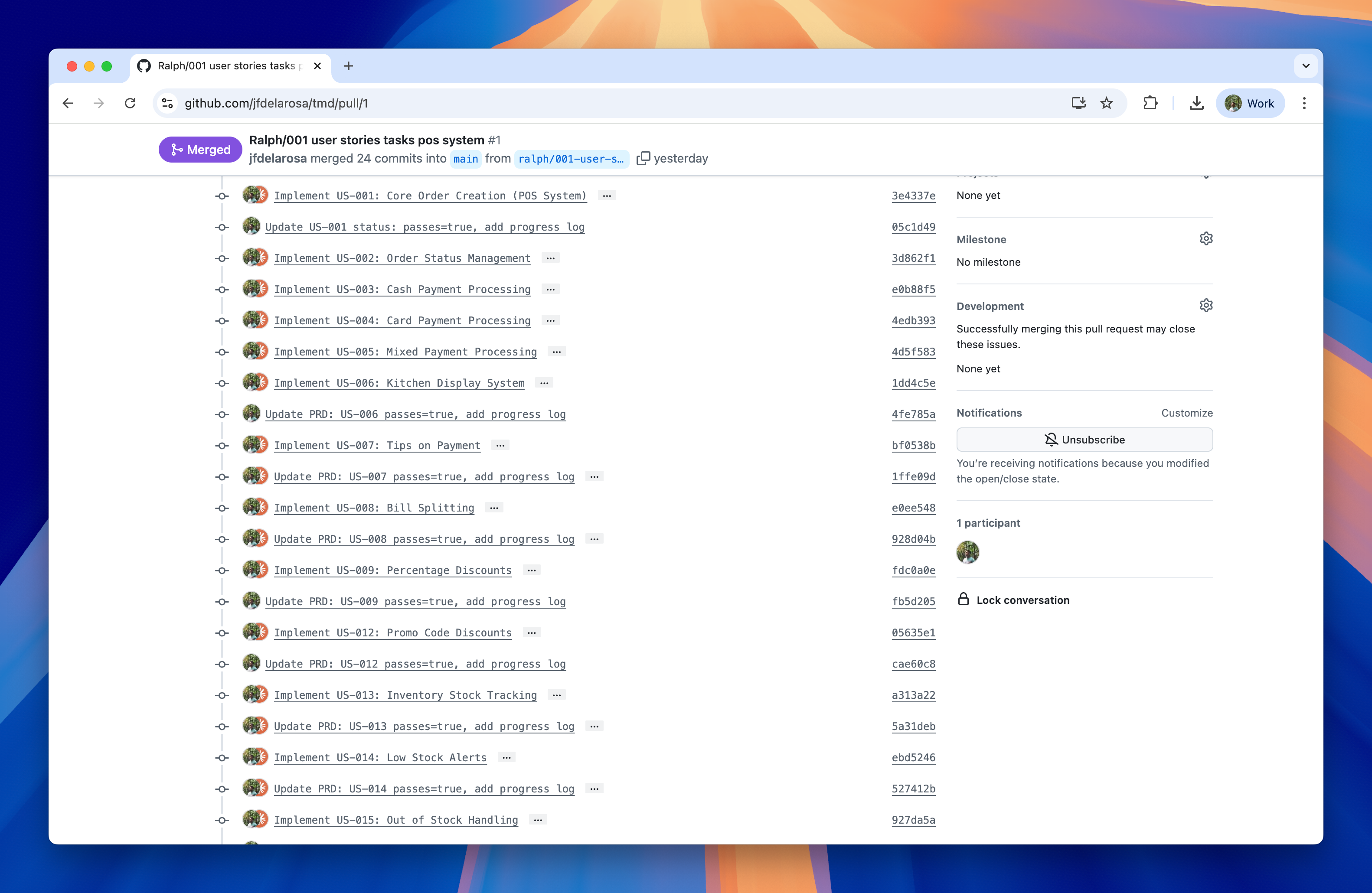 PR showing one commit per task